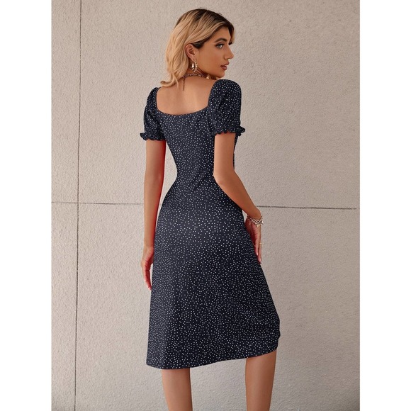 Polka Dot Puff Sleeve Tie Front Ruched Bust Slit Hem midi Dress red - Picture 4 of 11